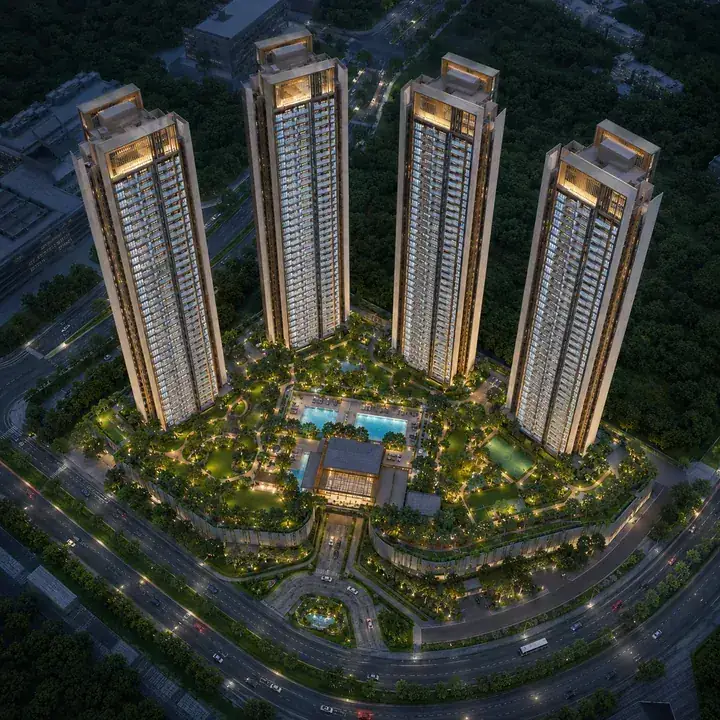 Prestige Hennur aerial view of the four-tower community on Hennur Road, North-East Bengaluru