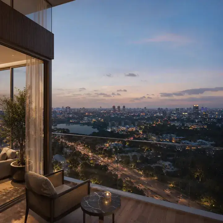 Prestige Hennur upper-floor skyline view toward Hebbal and Manyata