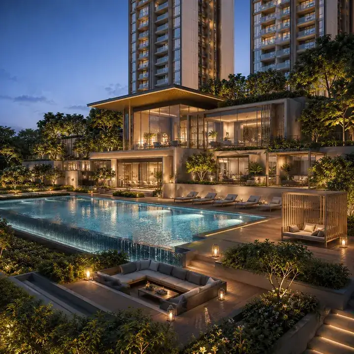 Prestige Hennur clubhouse precinct with the pool deck at dusk