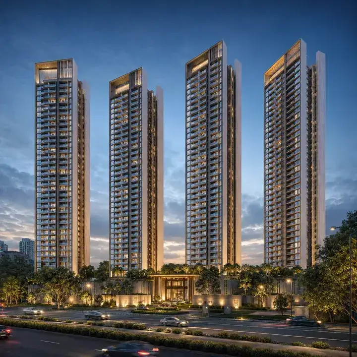 Prestige Hennur tower cluster seen from the Hennur Main Road approach