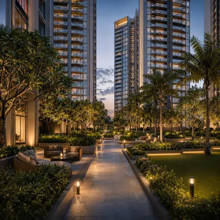 Prestige Hennur landscaped podium with pedestrian walkways between the towers