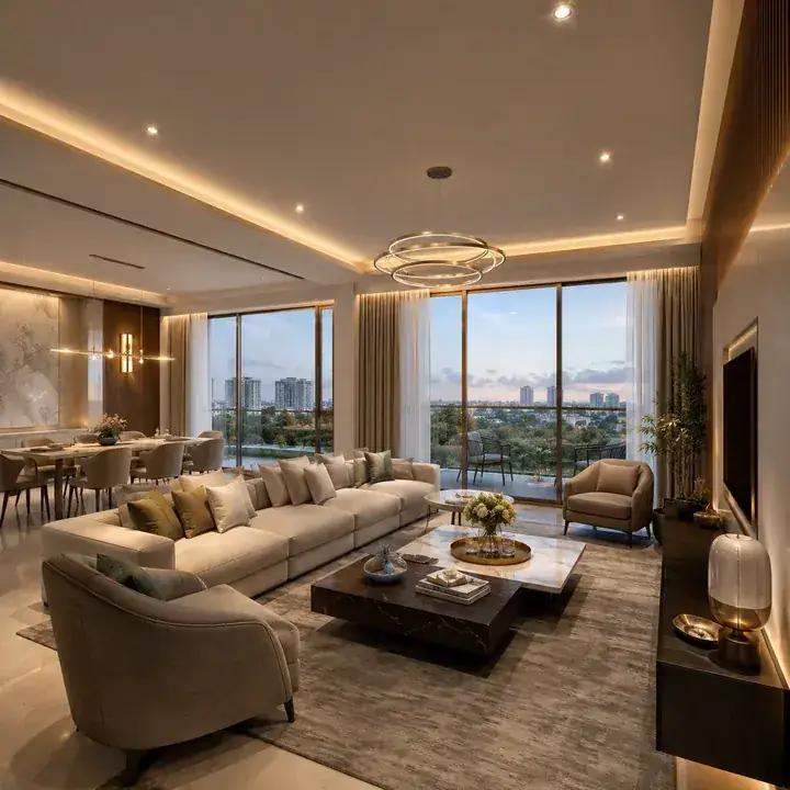 Prestige Hennur representative 3 BHK living-dining interior with balcony aspect