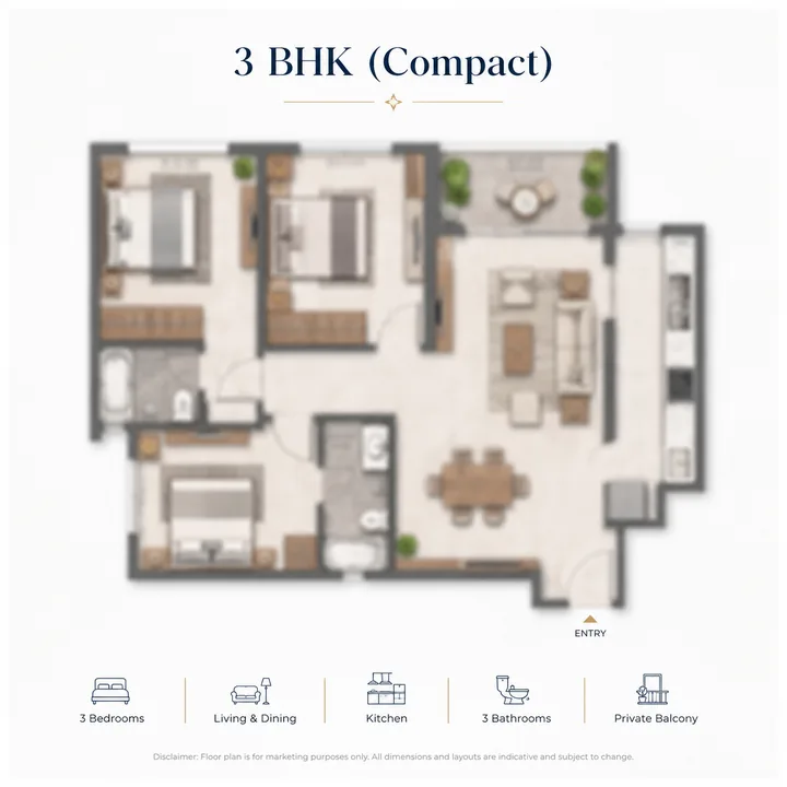 Prestige Hennur 3 BHK (Compact) floor plan layout
