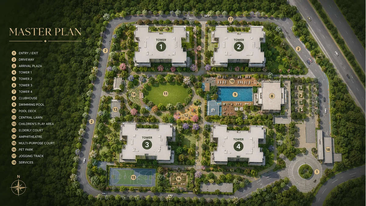 Prestige Hennur master plan site layout showing the four towers, podium clubhouse and landscaped greens on Hennur Road