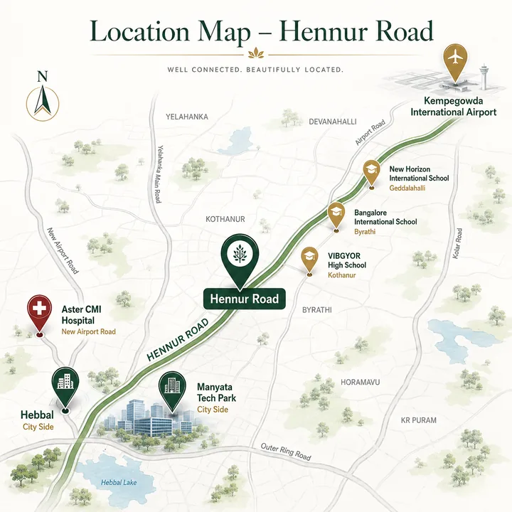 Prestige Hennur location map showing Hennur Road, Manyata Tech Park, Hebbal and Kempegowda International Airport